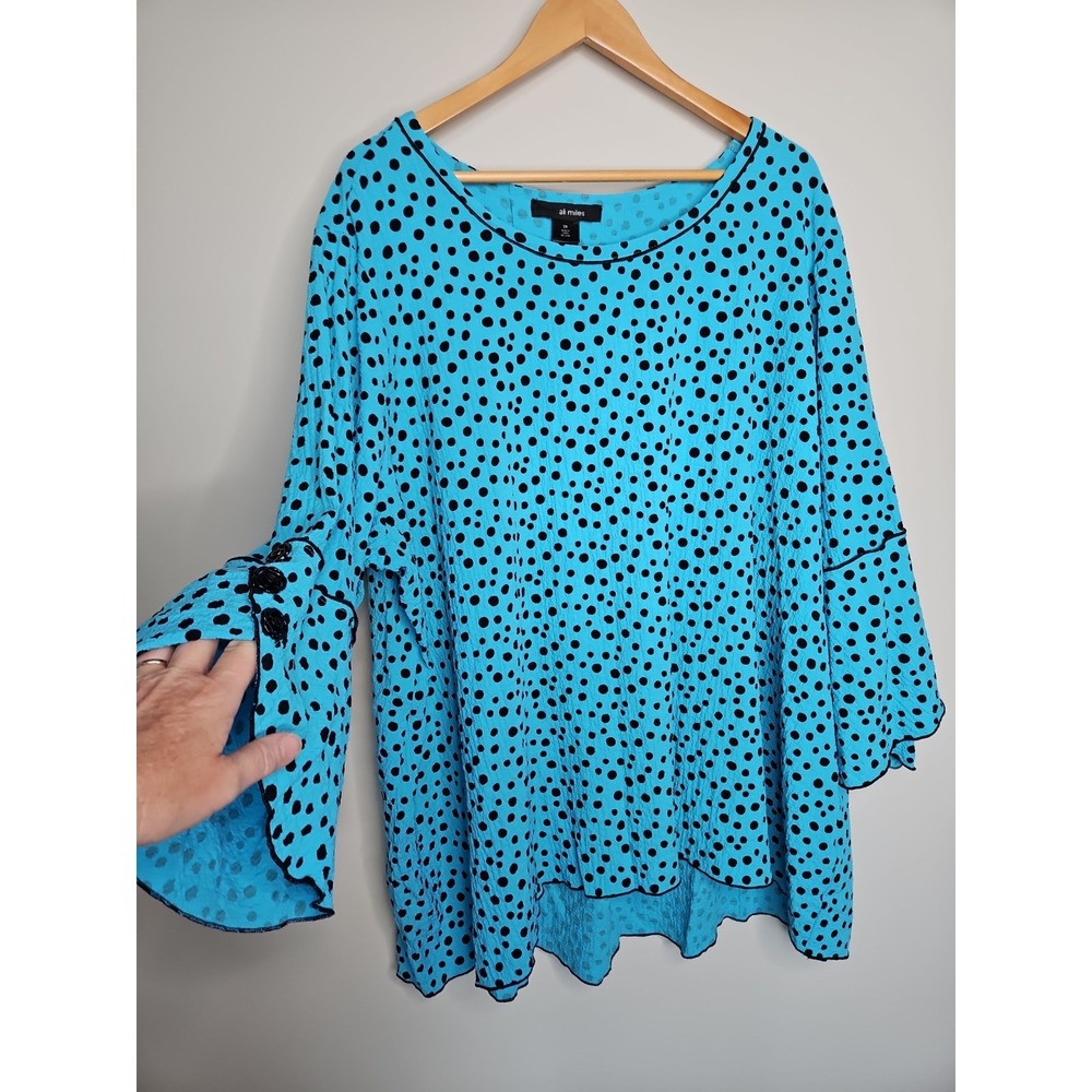 Ali Miles Blouse 3X Blue Polka Dot Floral Button Crinkle Artsy Tunic Boho Layer